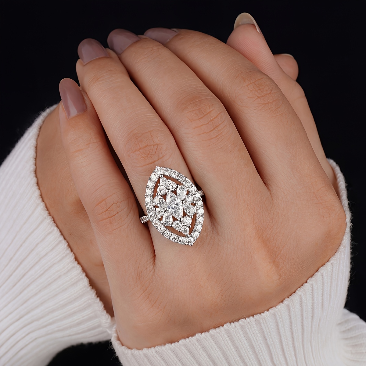 Women's Elegant Marquise Geometric Floral Ring, Perfect Gift